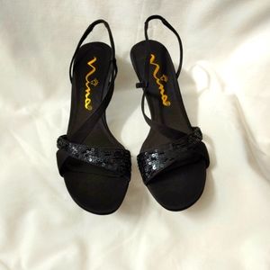 Nina Dressy Black Fabric Heels with Sequins - Size 8M